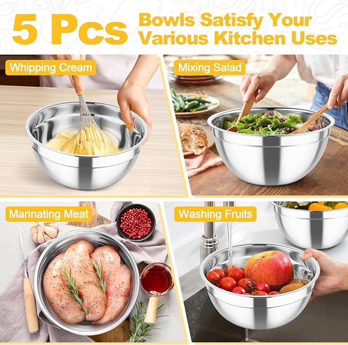 TeamFar Mixing Bowls, Stainless Steel Salad Serving Bowl with Clear Lids | with 3 Graters, For Kitchen Cooking Prepping Storing, Size 4.6/2.6/1.5/1/0.7 QT, Nesting & Airtight, Set of 5 & Multicolor