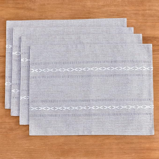 Wracra Cotton Linen Place Mats, Grey Embroidered Placemats Set of 8 | Placemats 12 x 18 Inch; Cotton Linen Woven Fabric; Heat Resistant Table Mats; Raised Embroidered Hollow Design