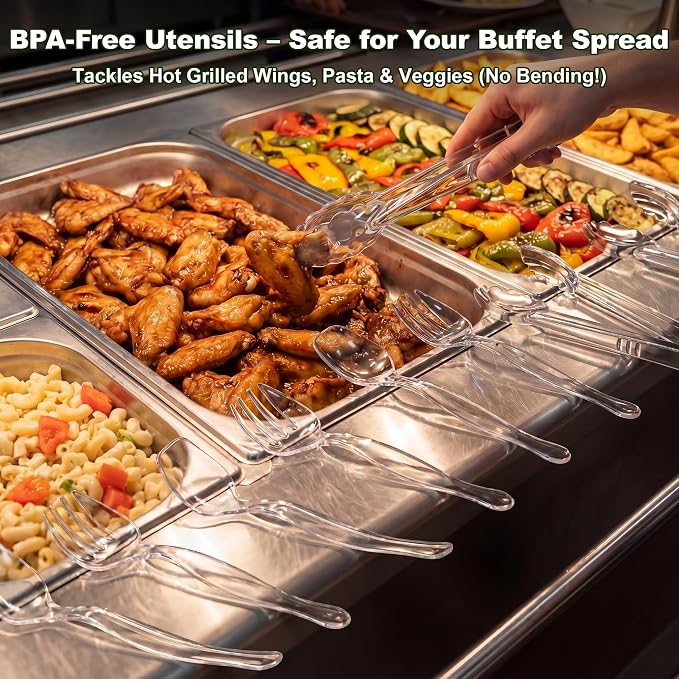 36Pcs Disposable Plastic Serving Utensils Set, 12 Clear Spoons, 12 Forks, 12 Tongs, 9-Inch for Party Buffet Catering Events, Heavy Duty and Ergonomic Design