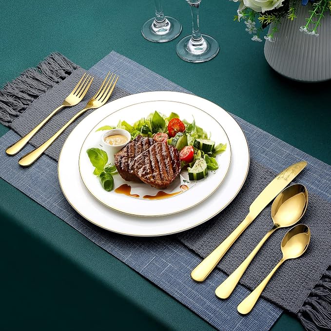 Gold Silverware Set for 8, OGORI 45-Piece Stainless Steel Flatware Set with Serving Set, Mirror Polished Cutlery Set with Serving Utensils Spoon for Kitchen Party Supply