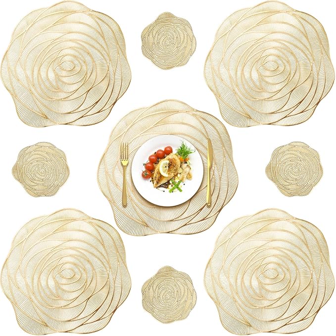 Sieral Round Hollow Rose Vinyl 15'' Placemat & 4'' Coaster,Gold,12 Set