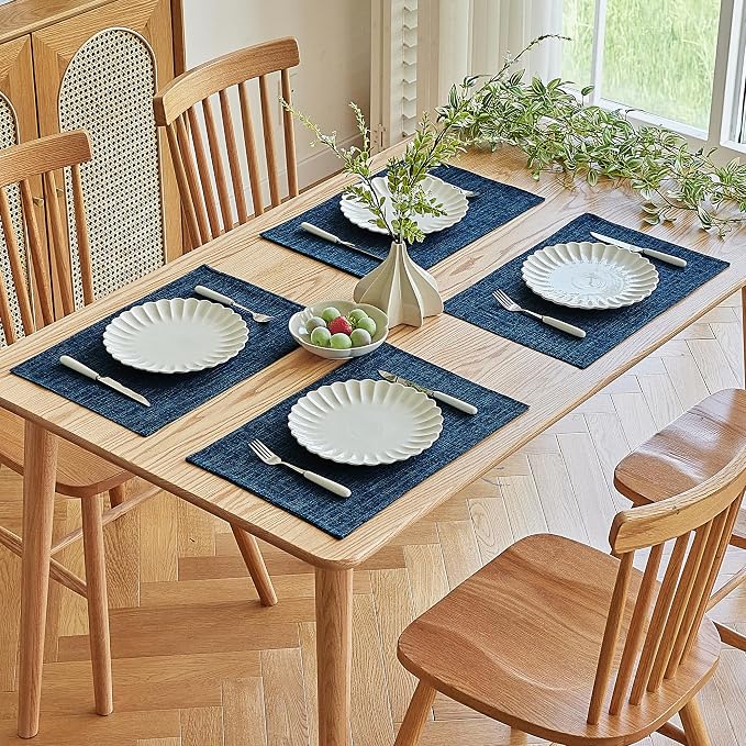 Softalker Faux Linen Placemats Set of 4-12 x 18 Inch, Heat Resistant Double Layered Durable Burlap Farmhouse Place Mats, Non-Slip Washable Rustic Table Mats for Dining, Kitchen, Party(Navy Blue