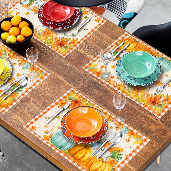 Fall Thanksgiving Placemats Set of 6 18x12 Inch Autumn Pumpkins Maple Leaves Linen Place Mats Heat-Resistant Washable Wipeable Orange Plaid Table Mat for Party Kitchen Dining Room Dinner Table Decor