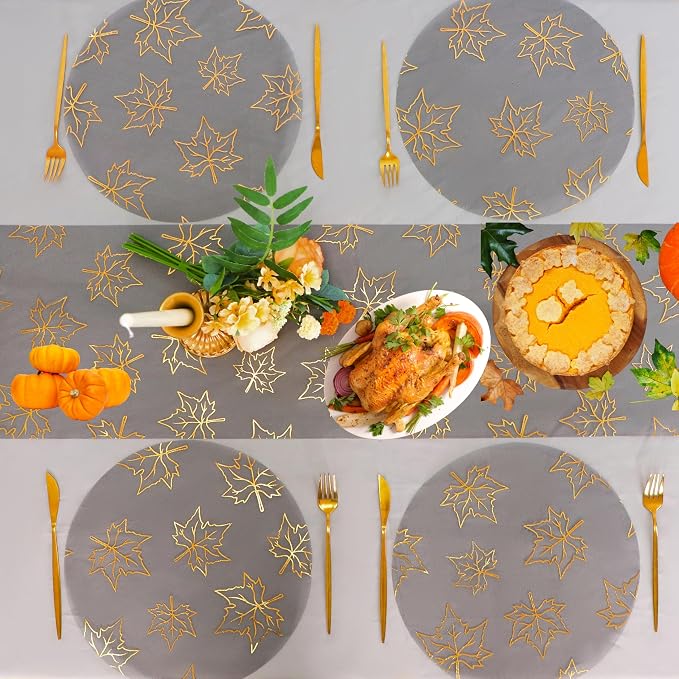 Snowkingdom 24 Pcs Fall Placemats, Black Gold Metallic Maple Leaves Thanksgiving Decoration, 13 inch Round Disposable Placemats, Golden Charger Kitchen Dining Table Mats for Autumn Harvest Party Decor