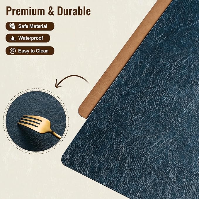 Placemats Set of 4, DOLOPL Reversible Dual-Color Faux Leather Place Mats 17"x11.8"– Waterproof, Heat Resistant, Washable & Wipeable, Luxury Retro Style for Kitchen, Dining Table (Camel/Navy Blue)