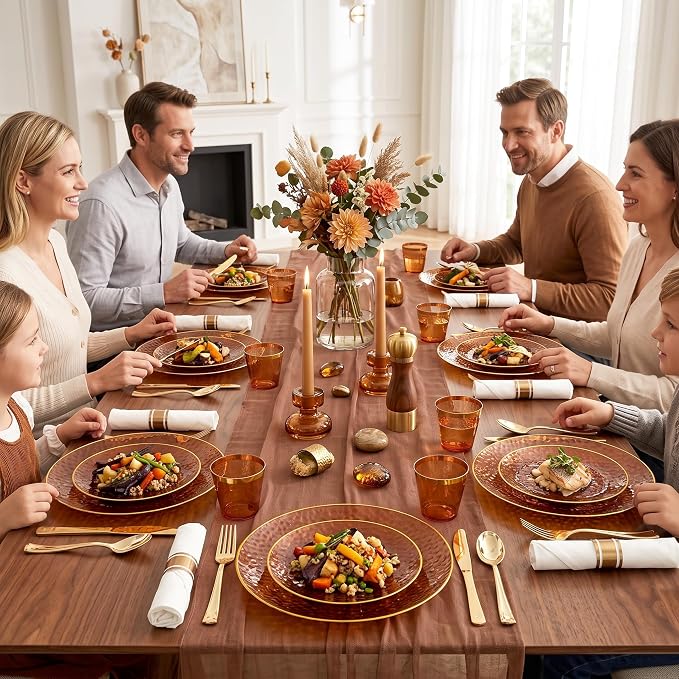 Rubtlamp 700Pcs Amber Gold Plastic Dinnerware Set, Hammered Clear Gold Plates, Fancy Plastic Plates Include 100 Dinner Platos, 100 Salad Platos, 100 Cups,100 Pack Pre Rolled gold plastic Silverware