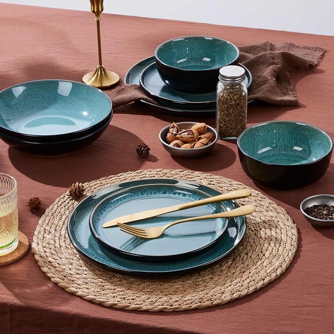 LIANYU Ceramic Dinnerware Sets for 4, 12 Piece Dishes Set, Pastel Turquoise | Stoneware Plates and Bowls, Scratch Resistant Round Kitchen, Dishwasher and Microwave Safe Dinning Ware Set