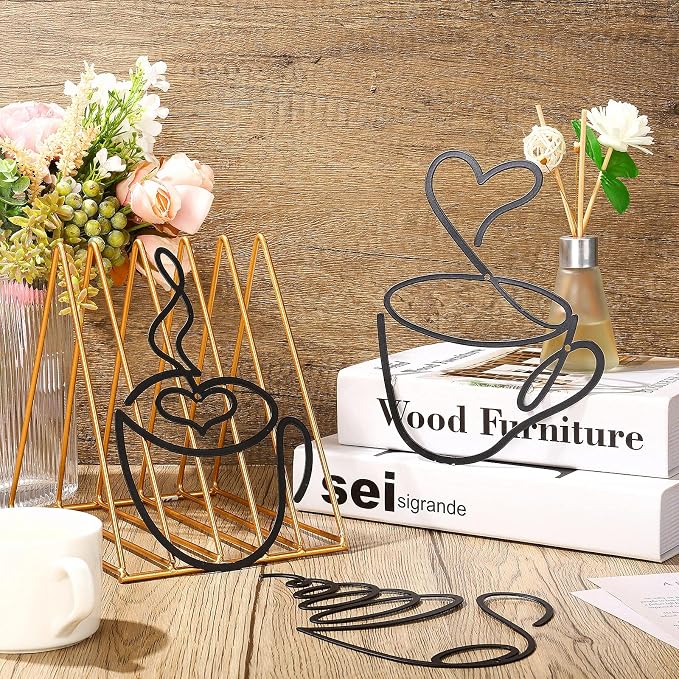 Ferraycle 3 Pieces Coffee Cup Metal Wall Art Wire Coffee Bar Hanging Decor Cafe Themed Vintage Rustic Metal Sign for Kitchen Restaurant Shop Home Office Accessories | Hanging Wall Decor, Rustic Wire Sculpture,Cafe Home Restaurant Kitchen Accent, Easy W...