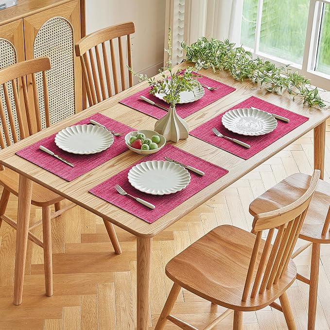 Softalker Faux Linen Placemats Set of 8-12 x 18 Inch, Heat Resistant Double Layered Durable Burlap Farmhouse Place Mats, Non-Slip Washable Rustic Table Mats for Dining, Kitchen, Party(Pink