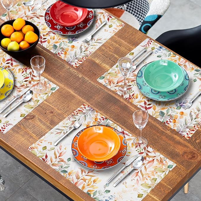 Fall Eucalyptus Leaf Table Placemats Set of 4, Colorful Leaves Heat-Resistant Tabletop Place Mats 12x18 Inch Autumn Seasonal Outdoor Table Mats Decorations for Party Dining Kitchen
