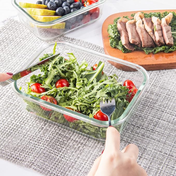 10 Pack Glass Food Storage Containers, Glass Meal Prep Containers with Lids Leak Proof, Clear Glass Bento Boxes for Adults, Microwave & Freezer Safe (34oz & 12oz)
