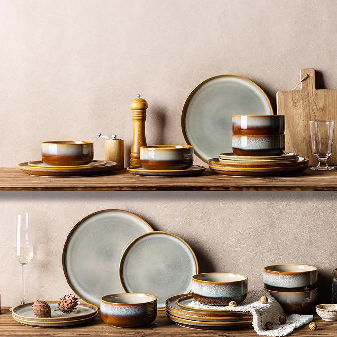 Ceramic Dinnerware Set for 4, 12-Piece Plates and Bowls Set | Handmade Reactive Glaze Dish Set, Scratch Resistant, Oven & Microwave & Dishwasher Safe, Dusk Blue