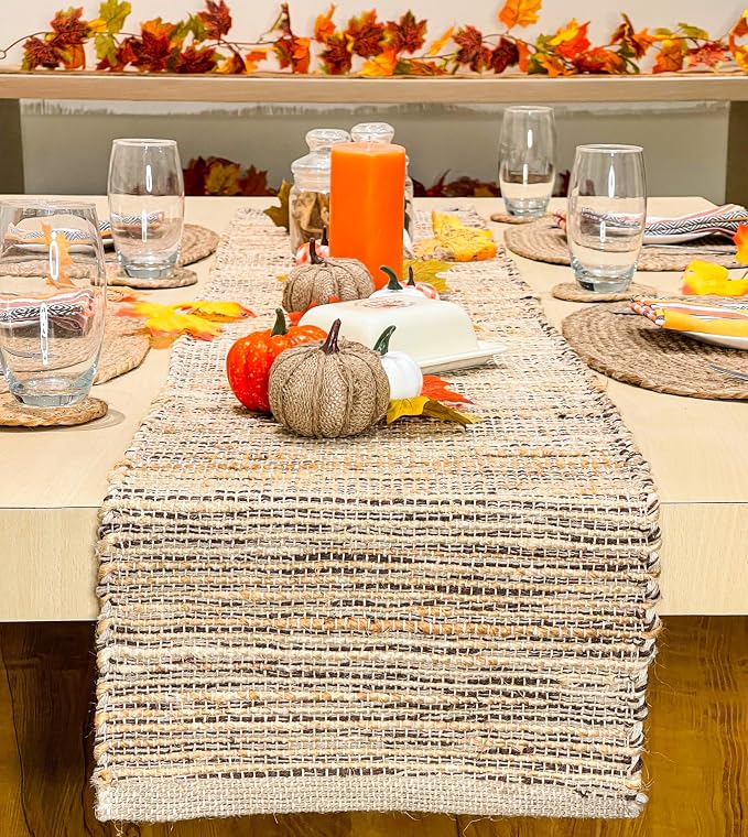 Natural Jute Table Runner 13x72 Inch – Vintage Boho Rustic Table Decor – Handwoven Table Runner in Natural Jute and Brown – Farmhouse Dining or Console Table Accent