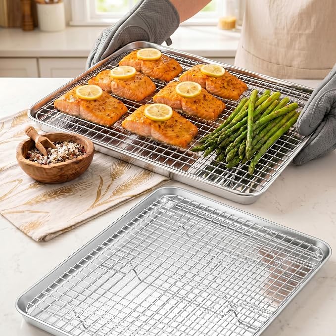 Homikit Jelly Roll Pan with Cooling Rack Set (2 Pans+2 Racks), 16" x 12" | Stainless Steel Baking Sheet Tray with Wire Grid Rack, Cookie Bacon Pan for Oven Cooking Roasting, Rust Proof & Nonstick