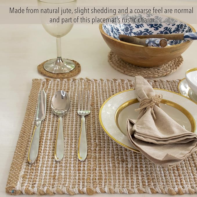 Natural Jute and Ivory Placemats, Set of 4 – Rustic Handmade Boho Table Mats, 13x19 Inch Dining Table Placemats for Kitchen, Everyday Meals, Holidays, Farmhouse or Modern Table Décor