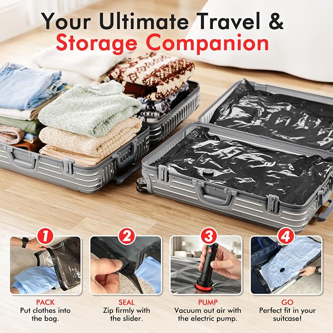 MEIQIHOME 10 Pack PackEase Travel Vacuum Bags 1500mAh Wireless Pump, 80% Compression Space Saver for Luggage, Clear PA+PE Reusable Seal Bags for Clothes, Portable Electric Air Pump for Travel & Home