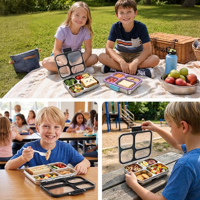 Stainless Steel Lunch Box for Kids, Leakproof 4 Compartment Kids Bento Lunch Box with Clear Lid, BPA-Free Steel Lunch Box Containers for School Travel (Black)