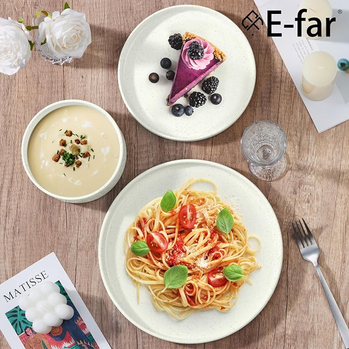 E-far Dinnerware Sets for 6, 18-Piece Stoneware Plates and Bowls Set, White | Modern Kitchen Dining Dishware, Chip and Scratch Resistant, Microwave & Dishwasher Safe, Speckled White
