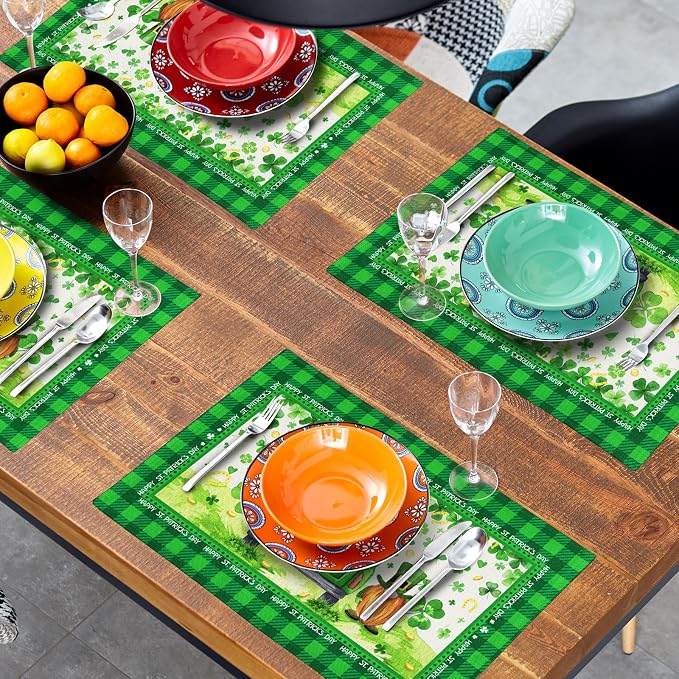 St. Patrick's Day Placemats 12x18 Inch Gnomes Truck Shamrock Clover Gold Coin Heat Resistant Table Mats Set of 4 Green Buffalo Plaid Washable Place Mats for Home Kitchen Dining Holiday Party