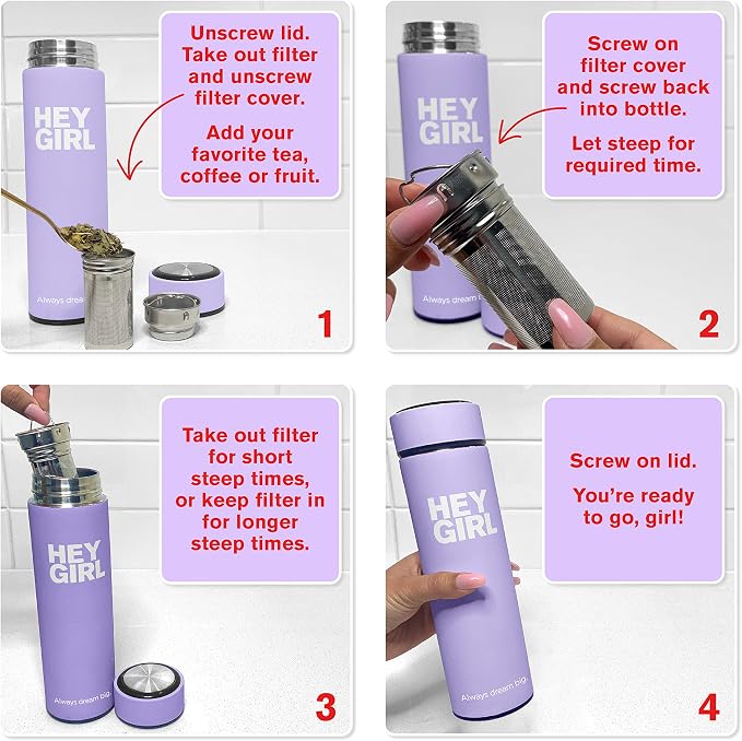 Hey Girl Tea Infuser Bottle 450ml - Insulated Stainless Steel Water Bottle - Tea Tumbler with Tea Diffuser - Portable Travel Mug for Loose Leaf Tea & Infused Water - Tea Lovers Gifts for Women