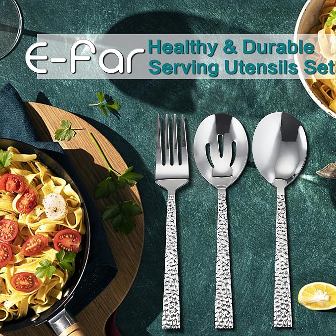 E-far Hammered Serving Utensils, 6PCS Stainless Steel Hostess Serving Set | 8.7 Inch Square Cutlery, Metal Serving Spoon/Slotted Spoon, Fork for Party Buffet Catering, Mirror Finished & Dishwasher Safe