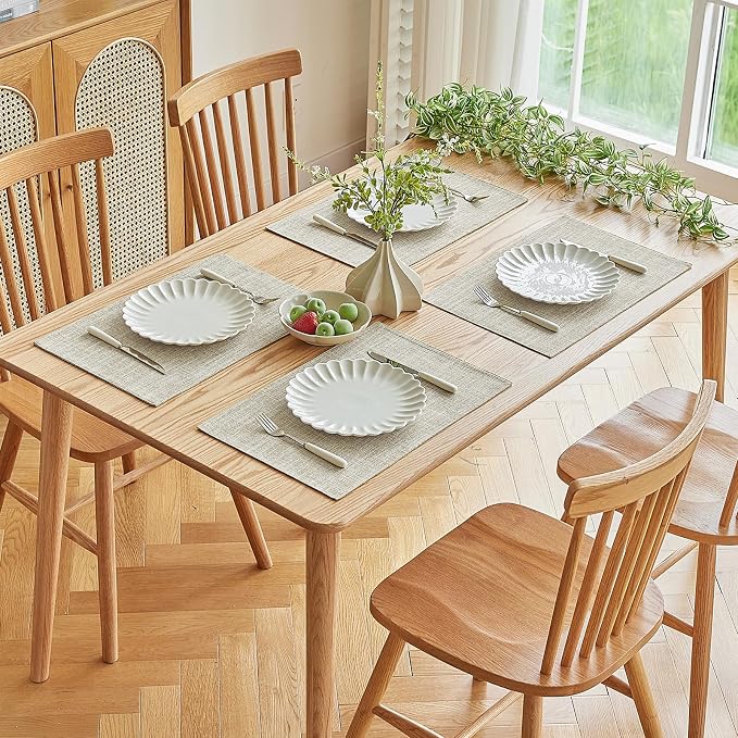 Softalker Faux Linen Placemats Set of 4-12 x 18 Inch, Heat Resistant Double Layered Durable Burlap Farmhouse Place Mats, Non-Slip Washable Rustic Table Mats for Dining, Kitchen, Party(Beige