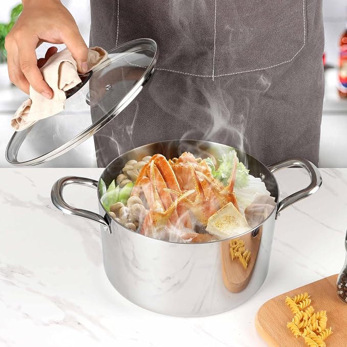 Herogo 7.3 Quart Stock Pot, 18/10 Stainless Steel Cooking Pot with Lid, 7.3 QT Pasta Stockpot with Handles, Tri-Ply Stockpot for Induction Gas Electric Stove, Dishwasher Safe