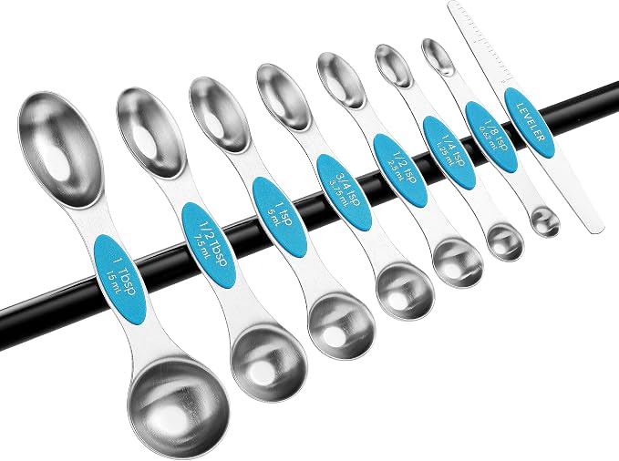 Spring Chef Stainless Steel 8 Magnetic Measuring Spoons for Kitchen, Teal | Dual Sided Metal Teaspoon & Tablespoon Measuring Spoons with Leveler for Dry & Liquid Ingredients, Stackable, Dishwasher Safe