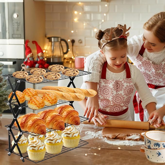 4 Tier Collapsible Cooling Rack, 3 Adjustable Setting Design Wire Baking Rack Stackable Cookies Bread Cooling Racks for Cooking and Baking, Roasting, Drying, Bakers