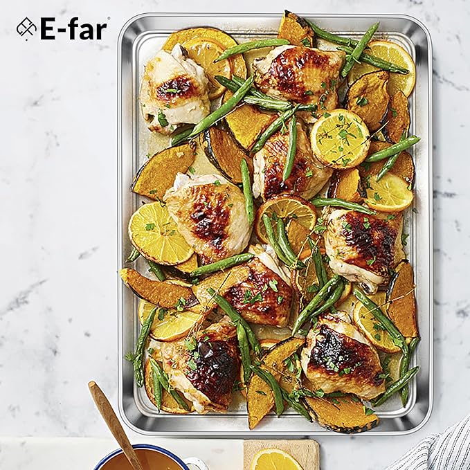E-far Stainless Steel Baking Sheet Set of 2, 16” x12” x 1” Cookie Sheet Pan | Non-toxic Metal Trays for Oven Baking Cake Cookie, Healthy & Rust Free, Mirror Finish & Dishwasher Safe
