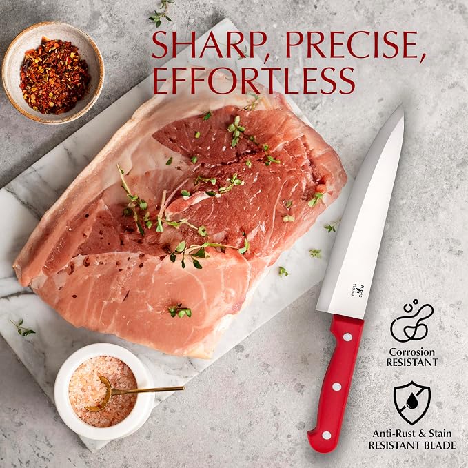 Moss & Stone Red 14 Pcs Kitchen Knife Set with Block, Stainless Steel | Premium forged kitchen knives with high-carbon sharp blades, ergonomic handle, rust-resistant knife block set for home & chef