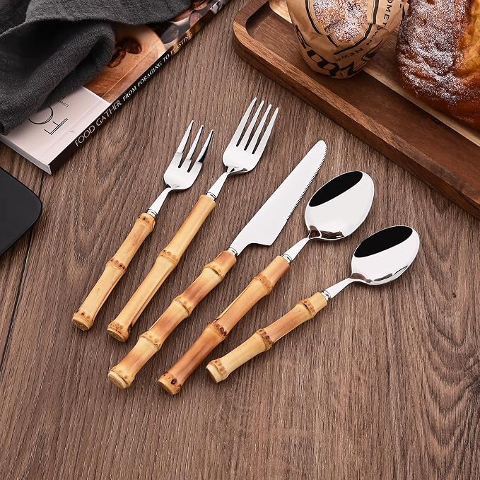 8 PCS Small Fork, 6.3 Inches Stainless Steel Dessert Forks with Bamboo Handle, Kitchen Flatware Cutlery Set, Use for Tasting Cakes Fruits and Appetizer, Mirror Polished