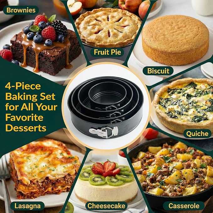 Springform Pan Set of 4, Nonstick Cheesecake Pans 4/7/9/10" Carbon Steel | Leakproof cake molds with removable bottom & secure latch; even-heat design for layered desserts