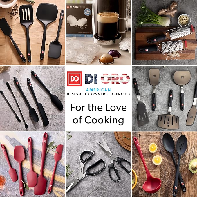 DI ORO Silicone Cooking Spoons - Solid & Slotted Set, 2-Pc Black | Large heads for mixing, serving, and stirring; Heat-resistant to 600F for nonstick cookware; BPA-free and dishwasher safe