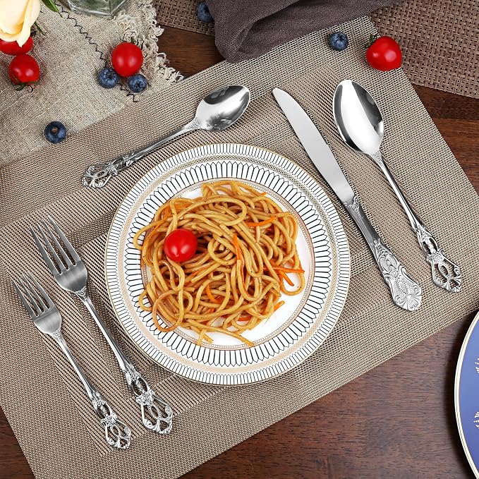Silverware Set, 30 Pieces Retro Royal Silverware Set for 6, Baroque-Style Stainless Steel Flatware Set Including Fork Spoon and Knife, Dishwasher Safe, Silver
