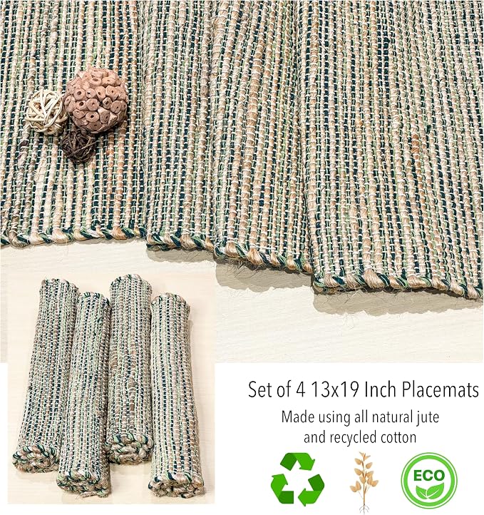 Natural Jute & Green Placemats, Set of 4 – Rustic Handmade Boho Table Mats, 13x19 Inch Dining Table Placemats for Kitchen, Everyday Meals, Holidays, Farmhouse or Modern Table Décor