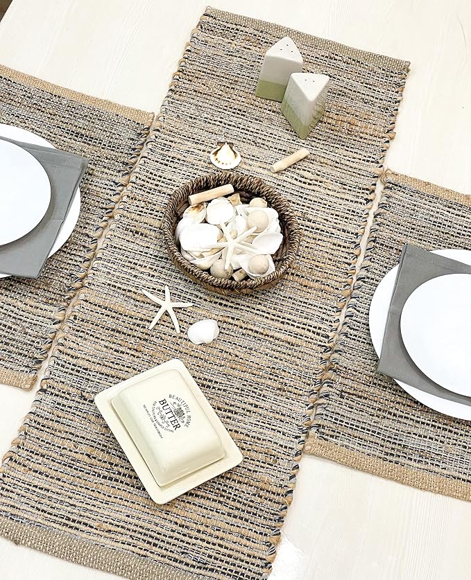 Natural Jute Table Runner 13x48 Inch – Vintage Boho Rustic Table Decor – Handwoven Table Runner in Natural Jute and Grey – Farmhouse Dining or Console Table Accent