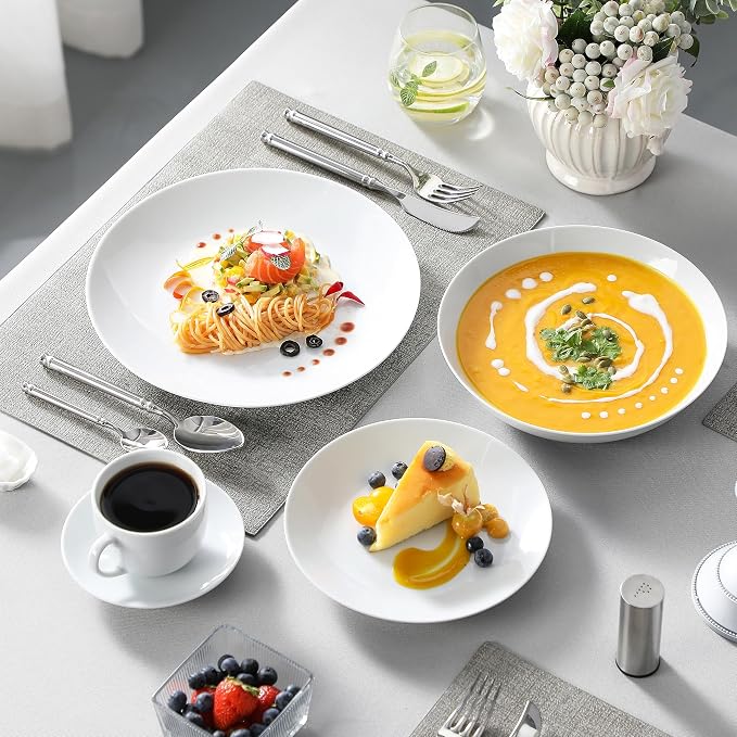 MALACASA 30-Piece Porcelain Dinnerware Set, White Round Dish Set for 6 | Serving Plates and Bowls Sets for Dessert, Salad, Soup, Pasta, Microwave & Dishwasher Safe, Including Cups - Series AMELIA