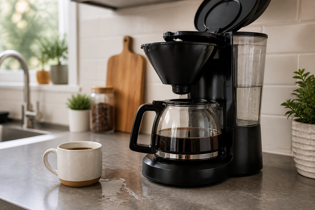 Drip coffee maker with its filter basket open, carafe in place, and a small water spill near the base for troubleshooting