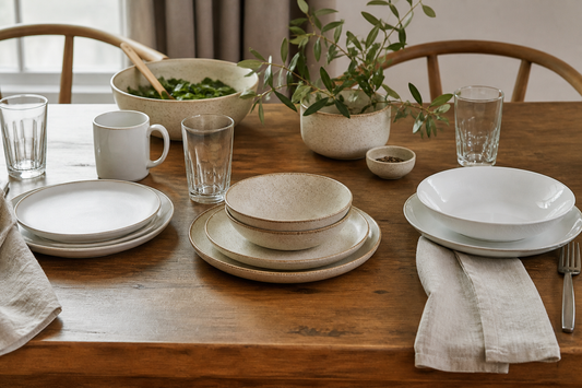 Porcelain, stoneware, and bone china dinnerware displayed separately on one dining table