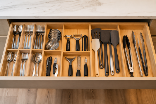 Organized kitchen drawers with separate zones for cutlery, measuring tools, and larger cooking utensils