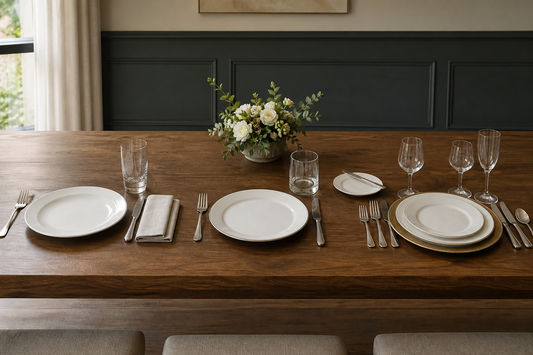 A dining table showing basic, casual, and formal place settings arranged side by side