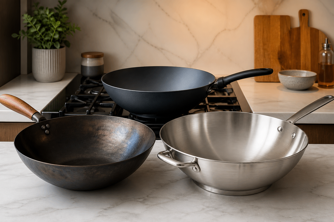 Carbon steel, stainless steel, and nonstick woks arranged on a modern kitchen cooktop