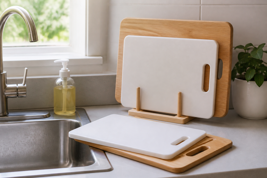 Clean wooden and plastic cutting boards arranged beside a sink with dish soap and one board standing upright to dry