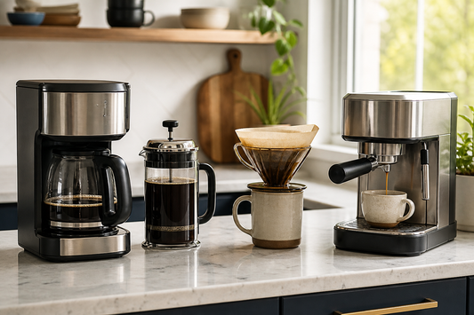 Drip coffee maker, French press, pour-over brewer, and espresso machine arranged on a kitchen counter