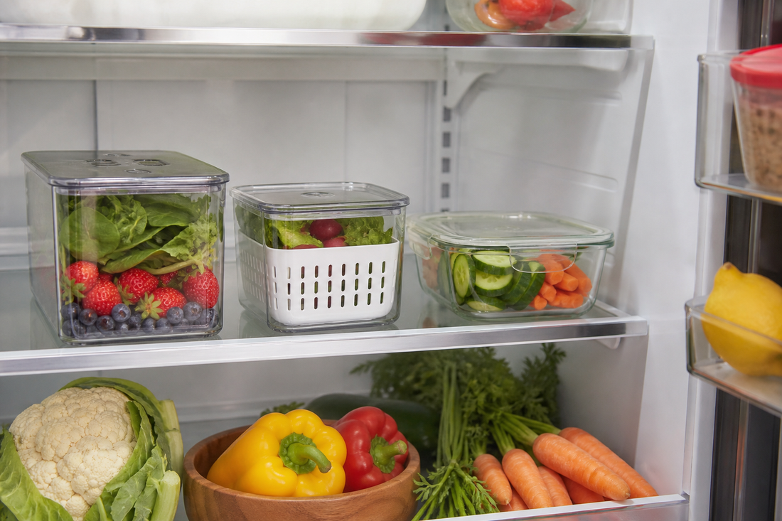 An organized refrigerator shelf containing vented, colander-style, and sealed glass produce containers with berries, leafy greens, carrots, and cut vegetables