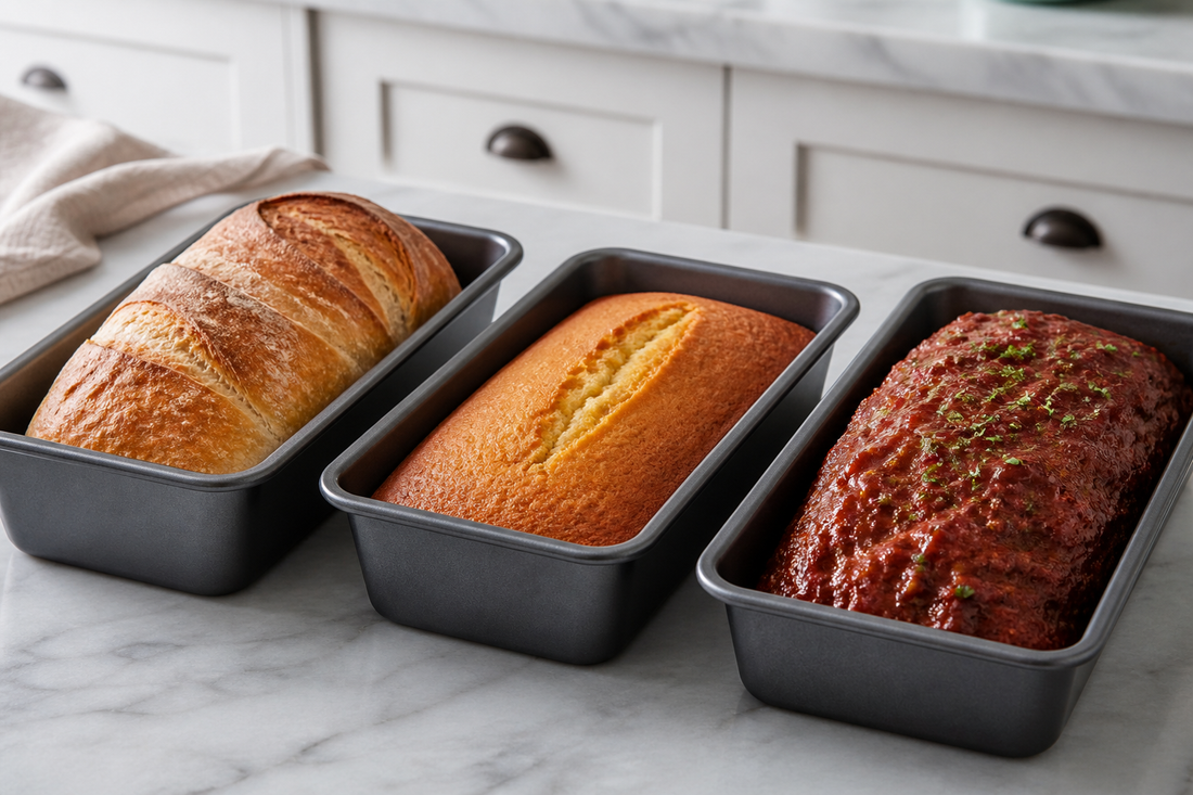 Three loaf pans showing baked yeast bread, pound cake, and meatloaf