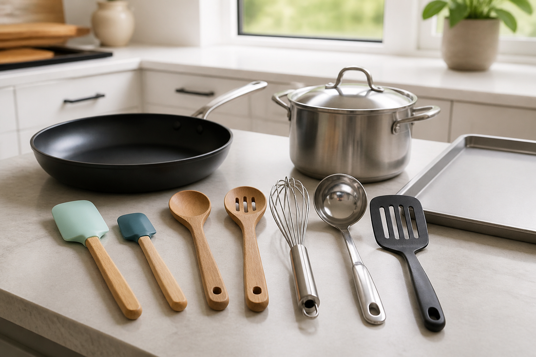 Silicone, wood, stainless steel, and nylon utensils arranged with different types of cookware