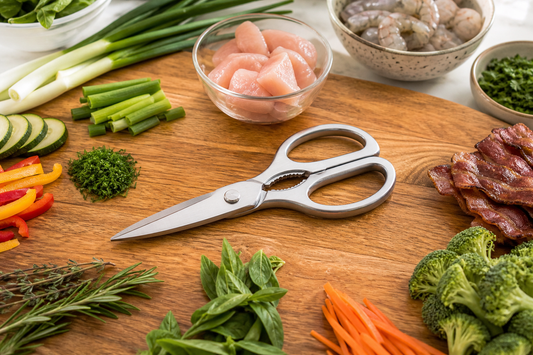 Food-purpose kitchen scissors arranged on a stable cutting board with herbs, green onions, vegetables, poultry, seafood, and cooked bacon