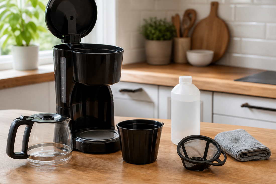 Coffee maker with removable parts, cleaning cloth, and descaling solution arranged on a kitchen counter